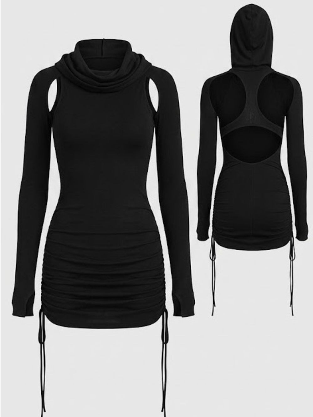 Darker Wavs Dolls Kill Black Long-Sleeve Backless Hooded Cutout Ruched Dress